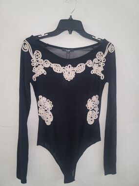 Black Label Black Long-Sleeve Bodysuit with Cream Lace Trim